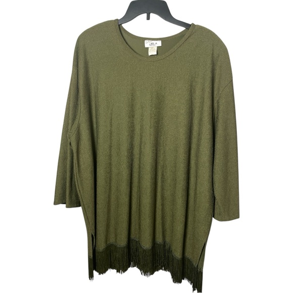 JPLA Women’s Plus Olive Green Fringe  Hem Sweater Tunic Made in USA Lagenlook - Picture 1 of 5